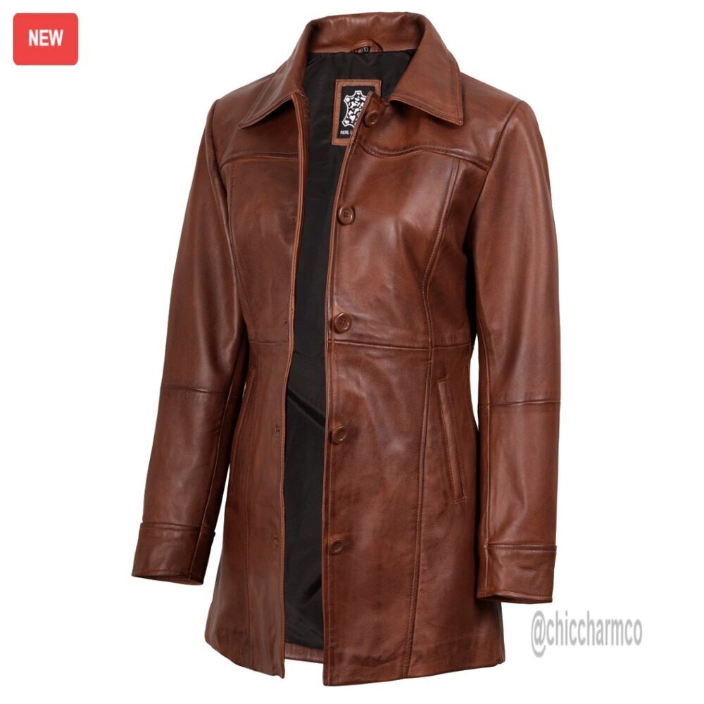 Lambskin Leather Jacket, Vintage Style Long Coat with Button Closure
